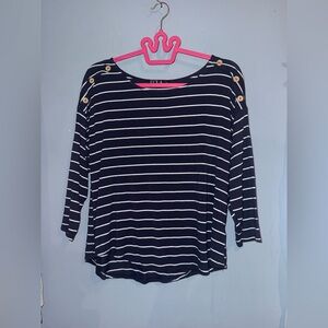 Ecla ‘Made in Mexico’ Navy and White Striped Button Shoulder Blouse, small